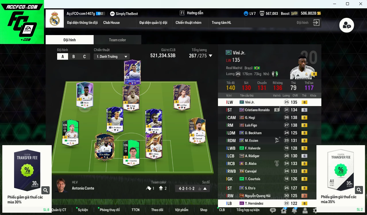 [ACC Rẻ🔥] Real Madrid 521.230b có Figo CC, Hagi CC, CR7 CU, Beckham LN, Eto LN, Vini SPL, Rudiger 24TS+6, Alaba HG, Carvajal RTN... Gần full đào tạo, HLV Xịn